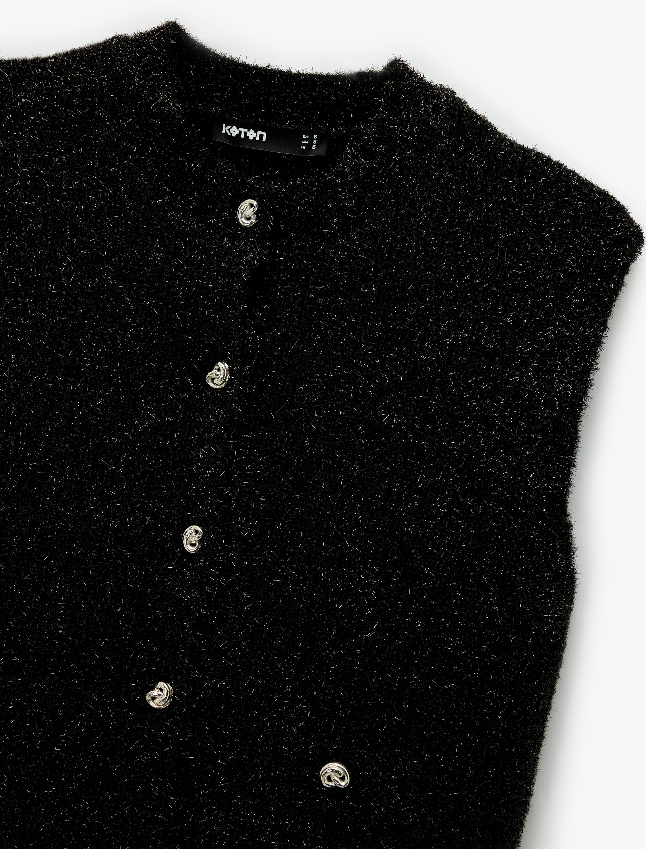   Metalik İplik Detaylı Parıltılı Bisiklet Yaka Triko Düğmeli Peluş Yelek