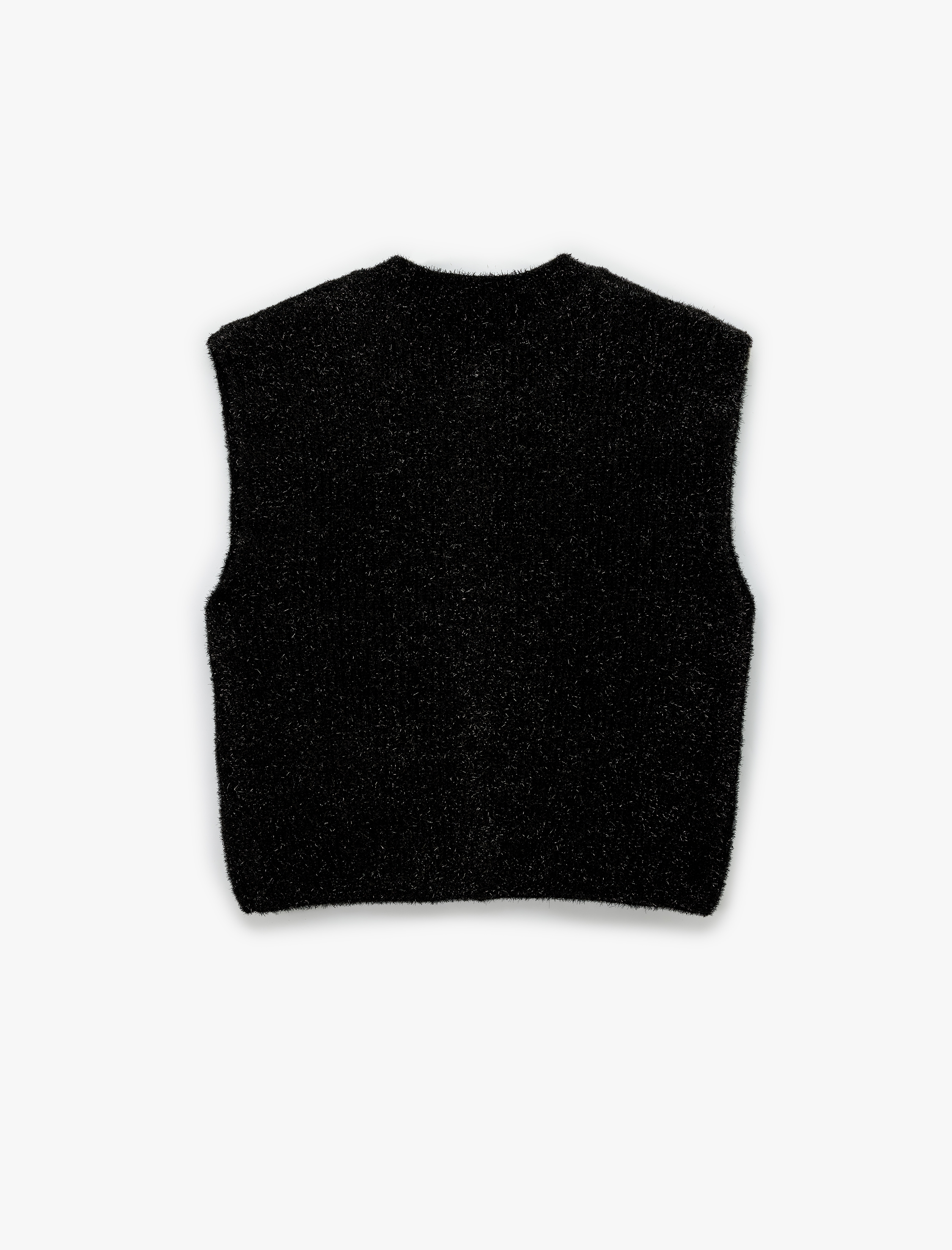   Metalik İplik Detaylı Parıltılı Bisiklet Yaka Triko Düğmeli Peluş Yelek