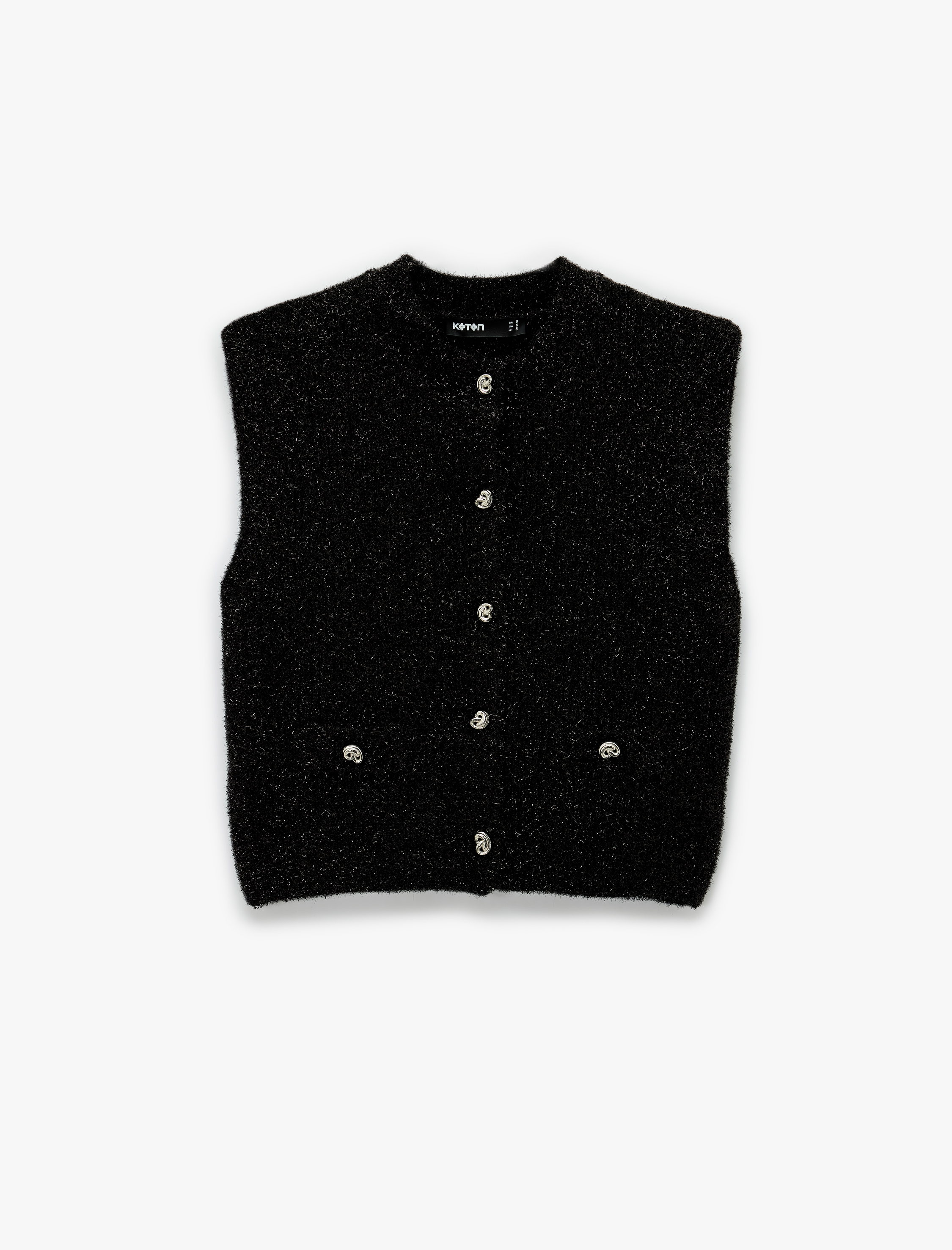   Metalik İplik Detaylı Parıltılı Bisiklet Yaka Triko Düğmeli Peluş Yelek