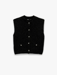 Metalik İplik Detaylı Parıltılı Bisiklet Yaka Triko Düğmeli Peluş Yelek