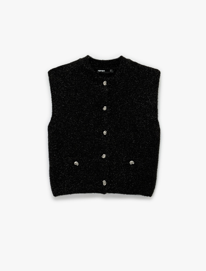  Metalik İplik Detaylı Parıltılı Bisiklet Yaka Triko Düğmeli Peluş Yelek