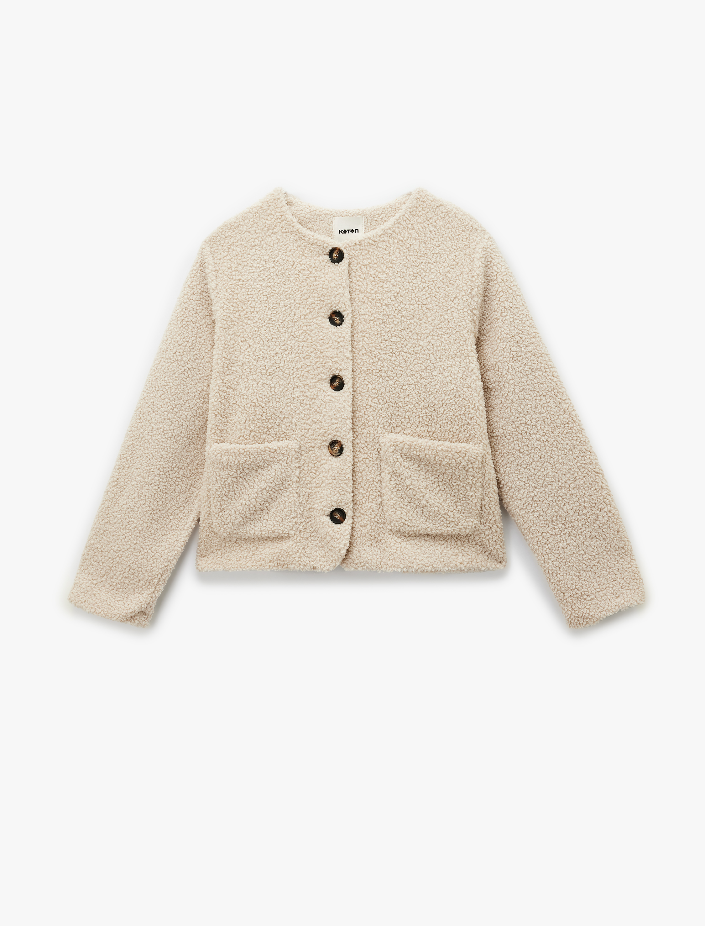   Düğmeli Cep Detaylı Uzun Kollu Bisiklet Yaka Peluş Bomber Ceket