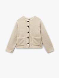 Düğmeli Cep Detaylı Uzun Kollu Bisiklet Yaka Peluş Bomber Ceket