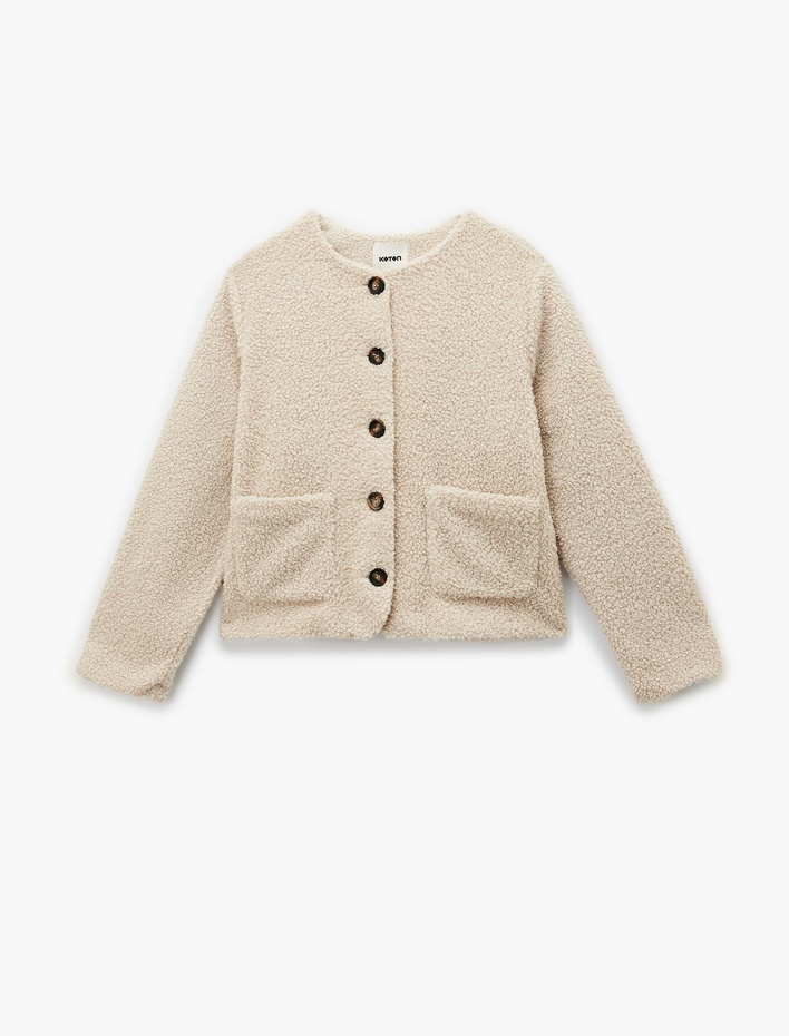  Düğmeli Cep Detaylı Uzun Kollu Bisiklet Yaka Peluş Bomber Ceket