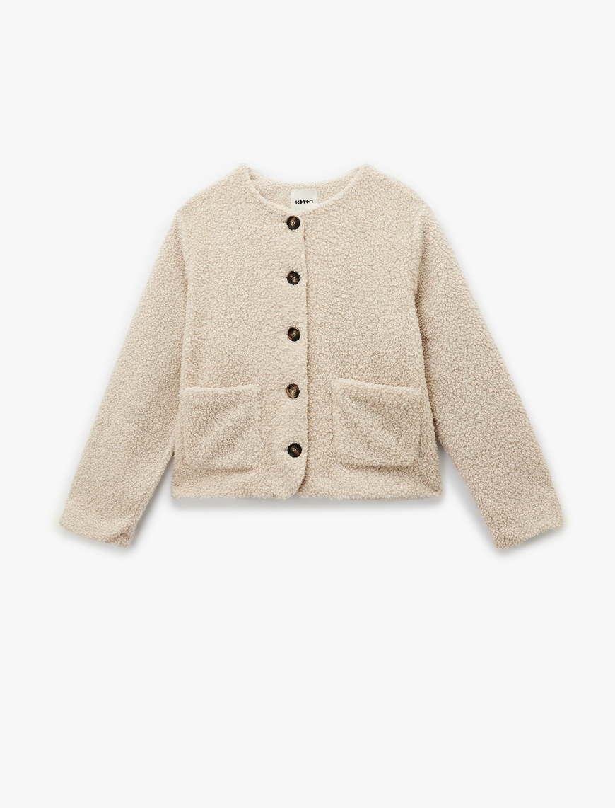 Koton Kadın Düğmeli Cepli Uzun Kollu Yuvarlak Yaka Crop Peluş Bomber Ceket