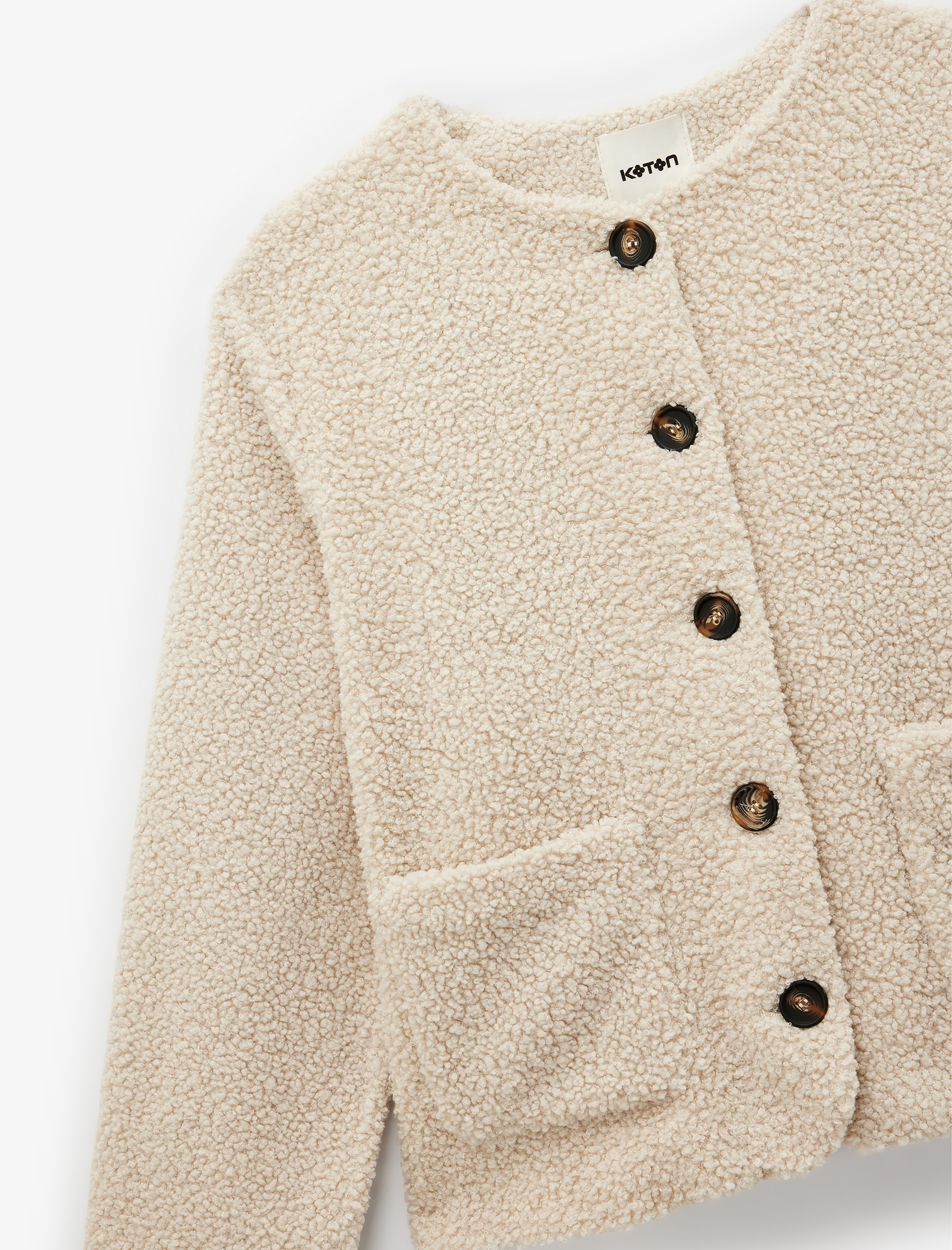   Düğmeli Cep Detaylı Uzun Kollu Bisiklet Yaka Peluş Bomber Ceket