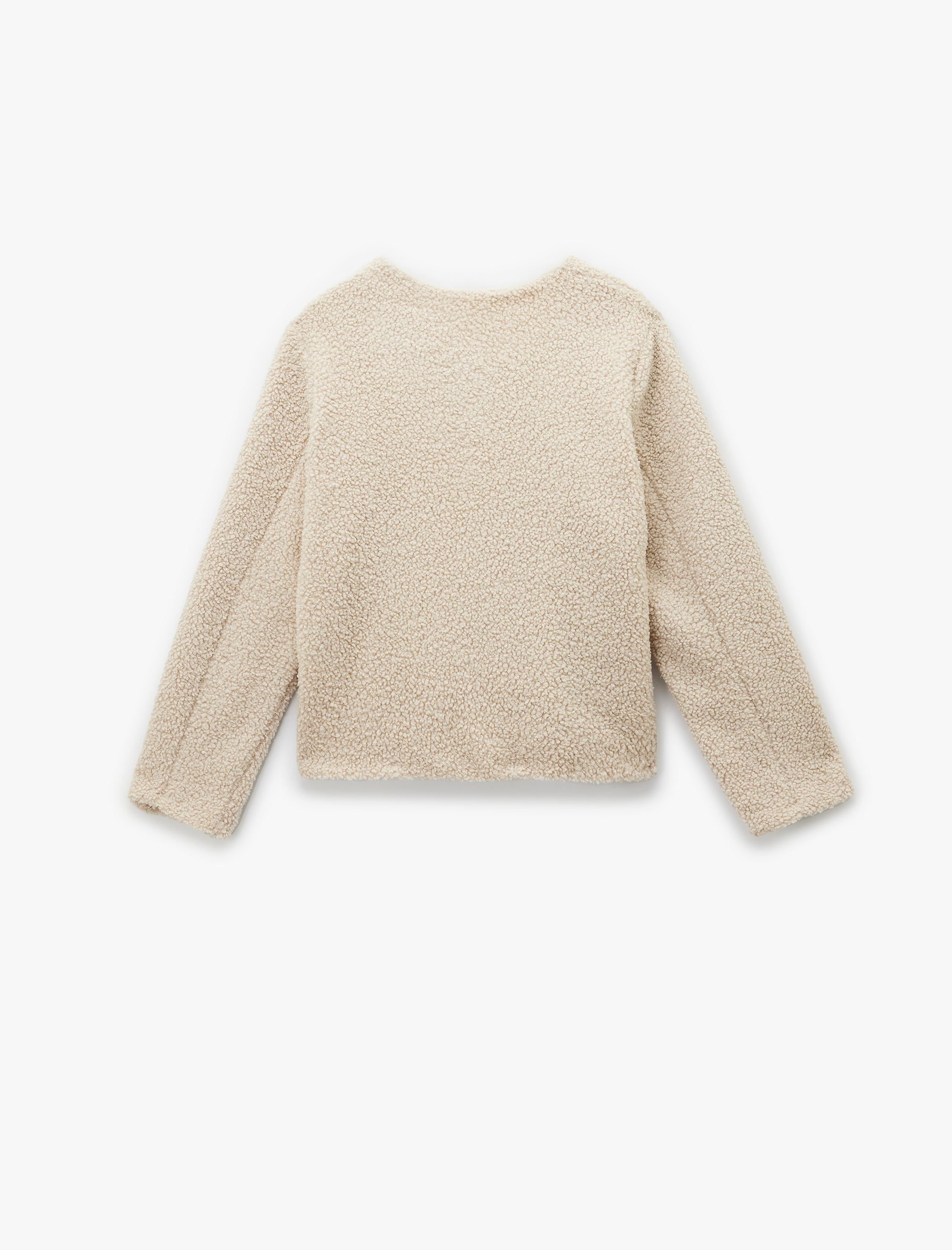   Düğmeli Cep Detaylı Uzun Kollu Bisiklet Yaka Peluş Bomber Ceket