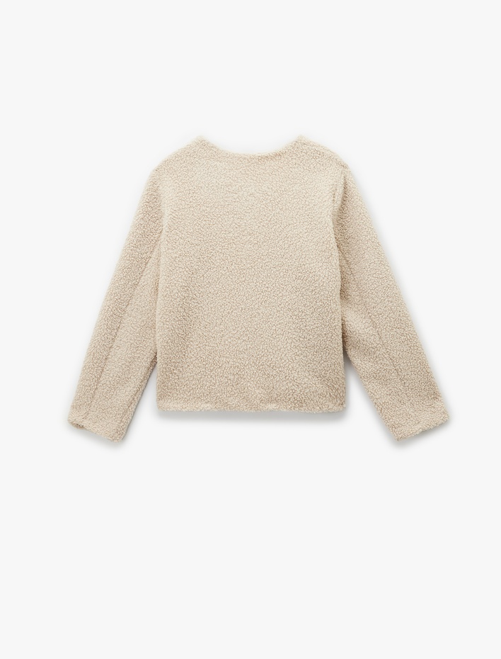  Düğmeli Cep Detaylı Uzun Kollu Bisiklet Yaka Peluş Bomber Ceket