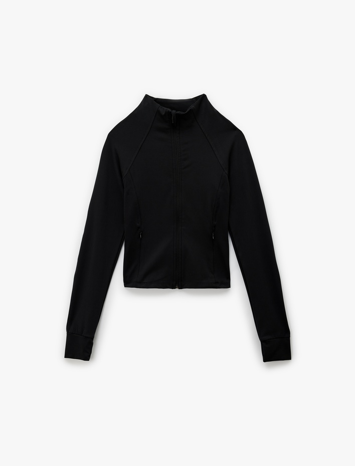  Slim Fit Uzun Kollu Fermuarlı Dik Yaka Spor Sweatshirt