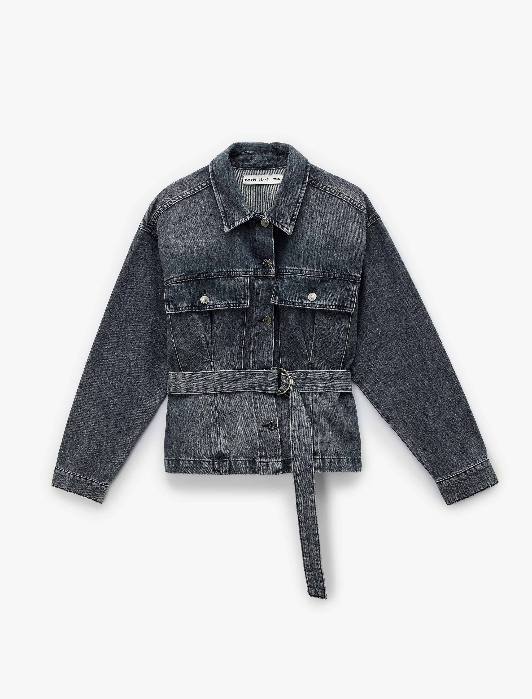   Klasik Yaka Kemer Detaylı Düğmeli Cepli Yıkamalı Denim Ceket