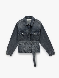 Klasik Yaka Kemer Detaylı Düğmeli Cepli Yıkamalı Denim Ceket