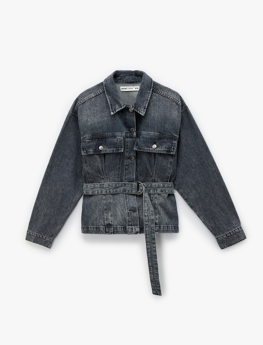 Koton Kadın Klasik Yaka Kemer Detaylı Düğmeli Cepli Yıkamalı Denim Ceket