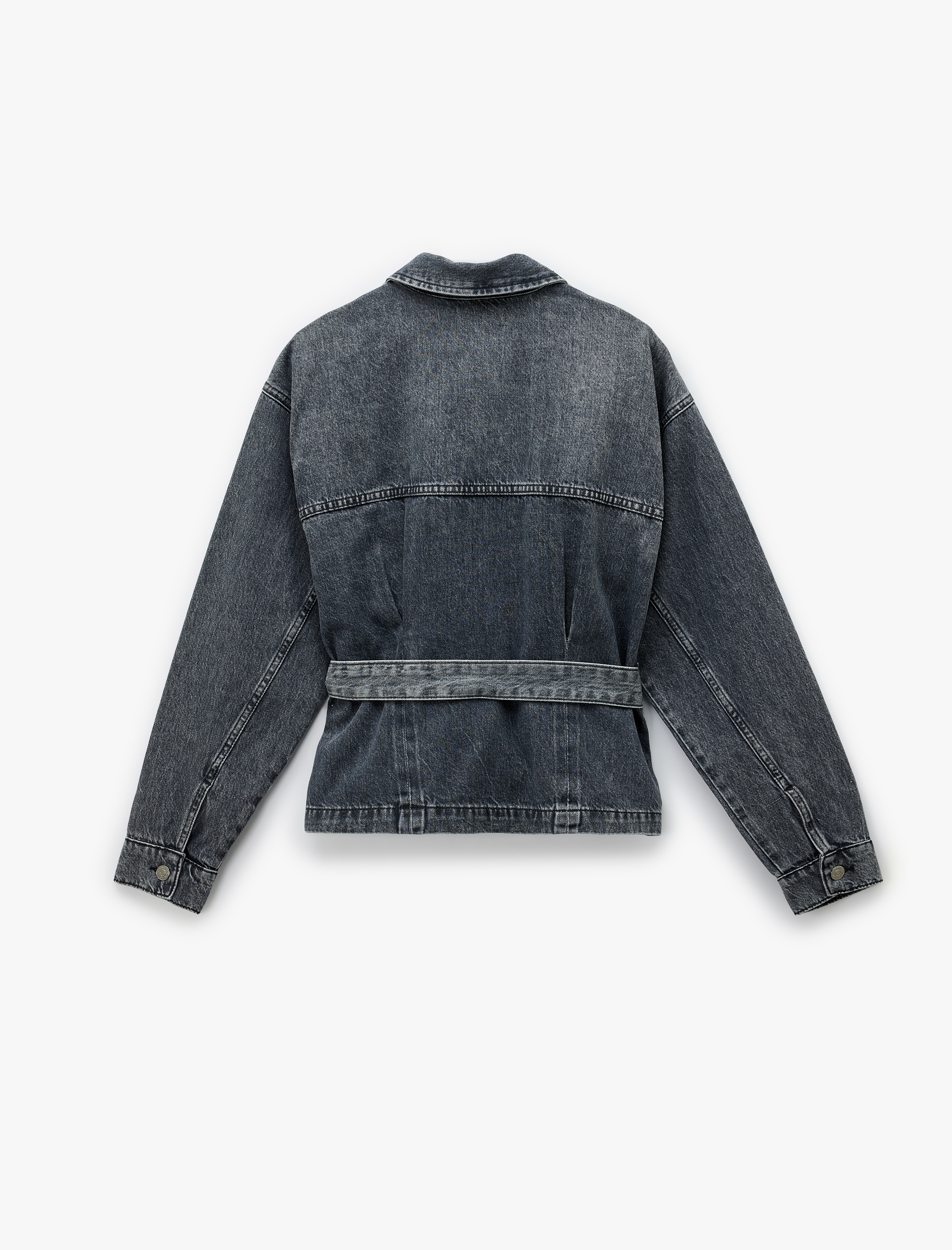   Klasik Yaka Kemer Detaylı Düğmeli Cepli Yıkamalı Denim Ceket