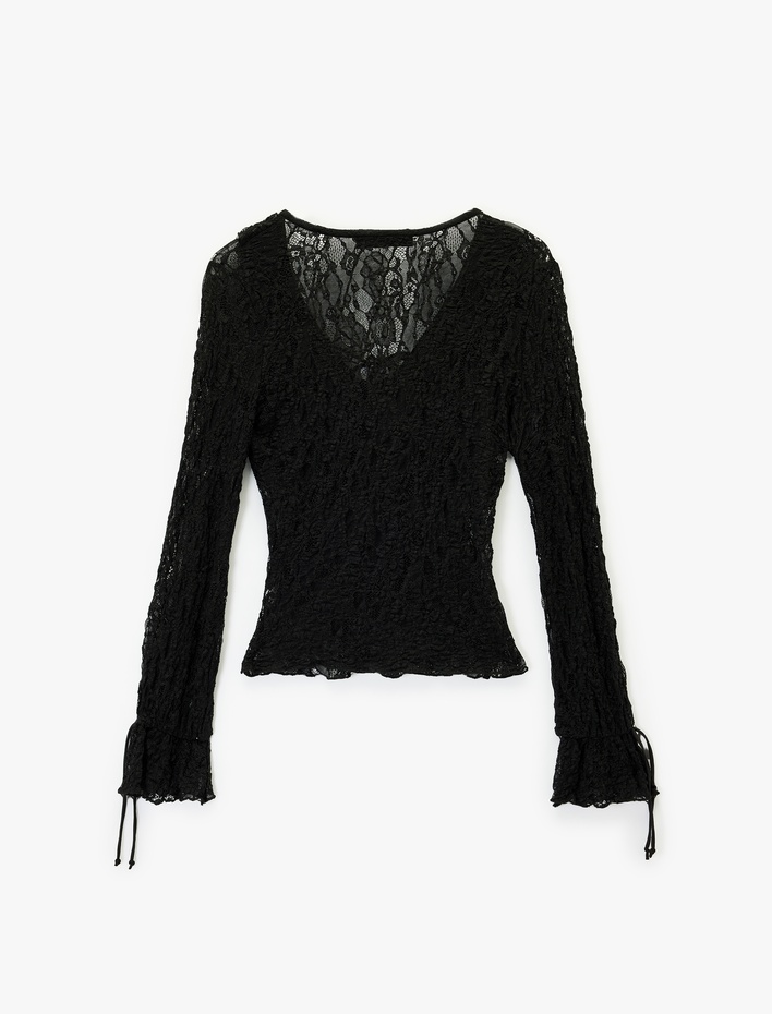  Slim Fit Uzun Kollu Fırfır Detaylı Fiyonklu V Yaka Dantelli Bluz