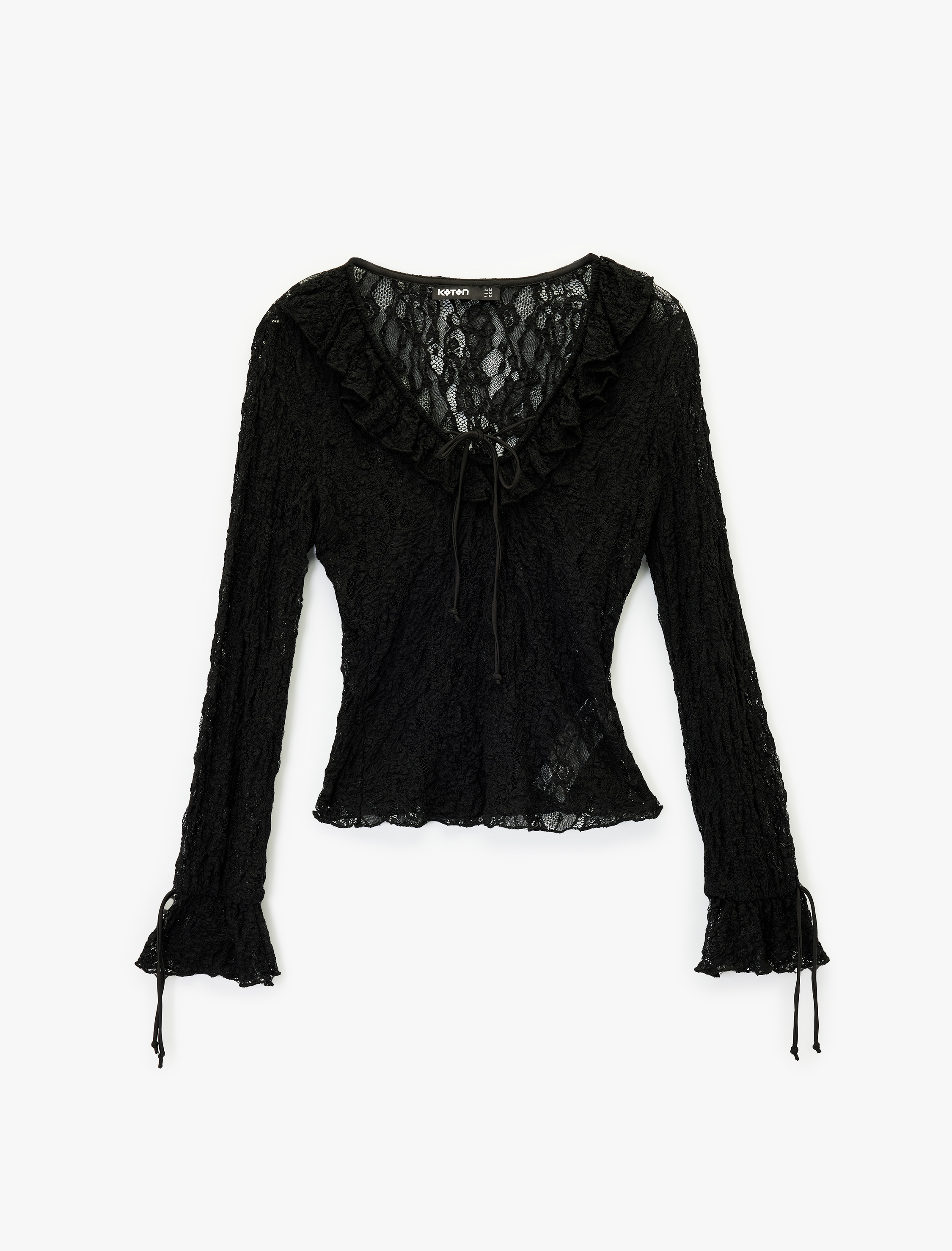   Slim Fit Uzun Kollu Fırfır Detaylı Fiyonklu V Yaka Dantelli Bluz