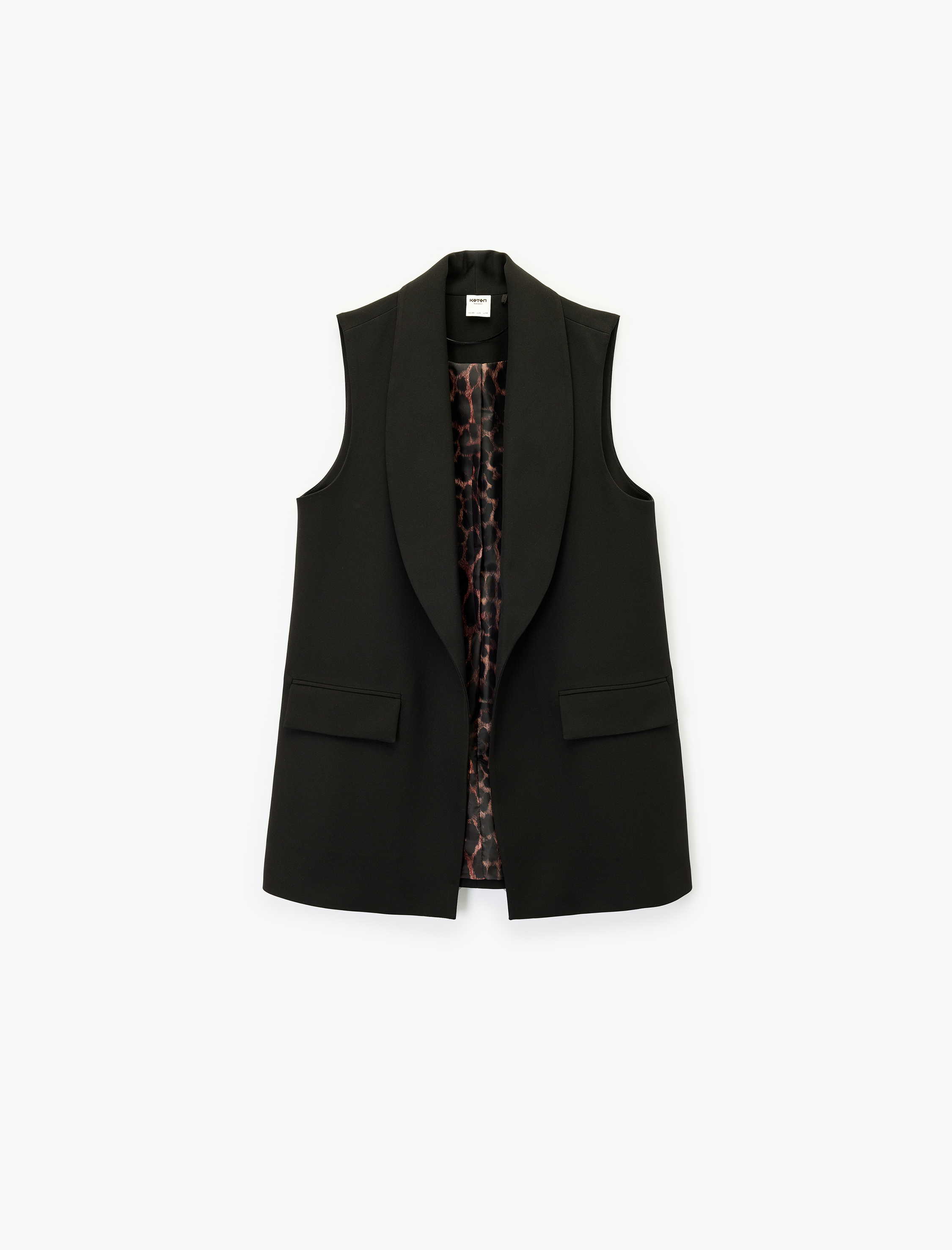   Geniş Yaka Cepli Leopar Detaylı Kolsuz Yelek