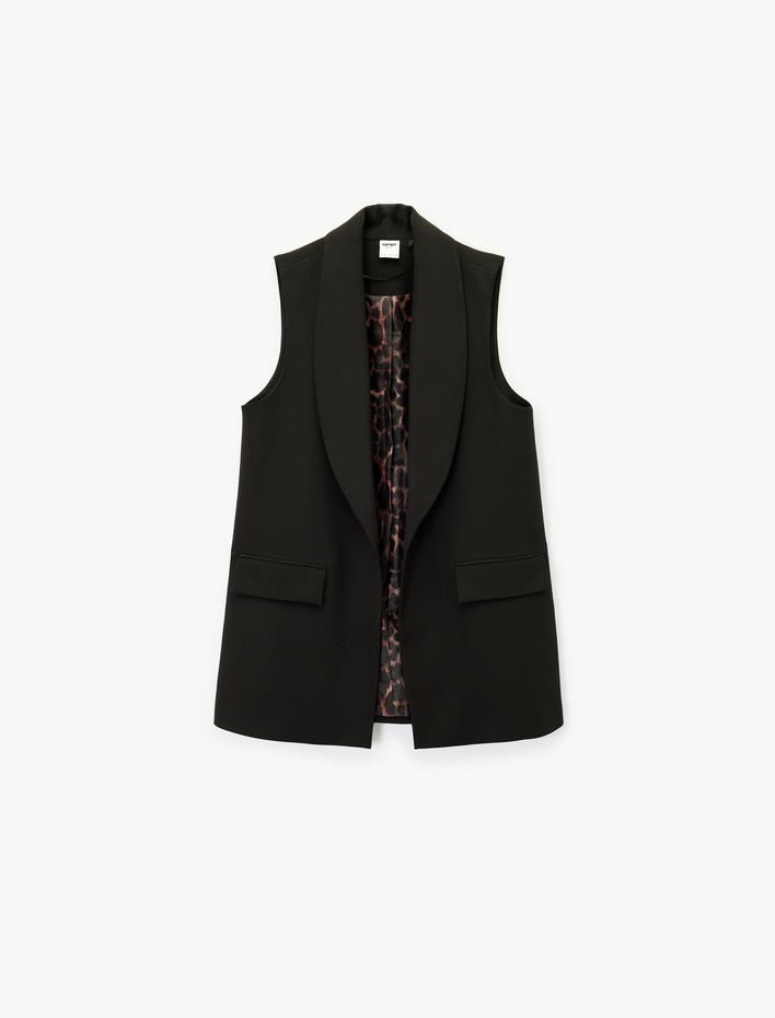  Geniş Yaka Cepli Leopar Detaylı Kolsuz Yelek