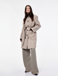 Koton X Şahika Ercümen - Suni Deri Yaka Kemerli Kaban Uzun Kollu Cepli Düğmeli