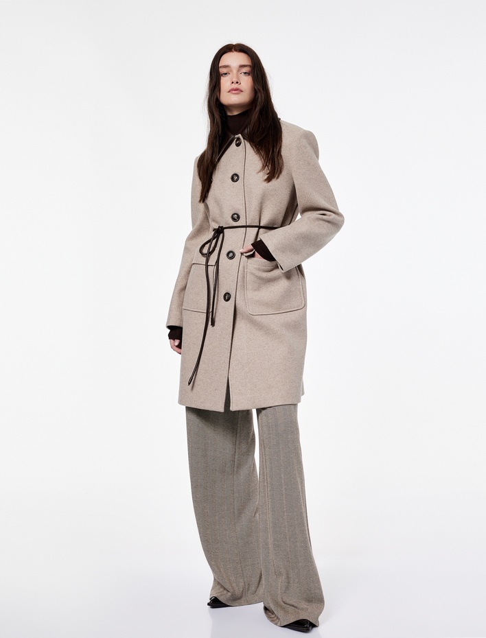  Koton X Şahika Ercümen - Suni Deri Yaka Kemerli Kaban Uzun Kollu Cepli Düğmeli