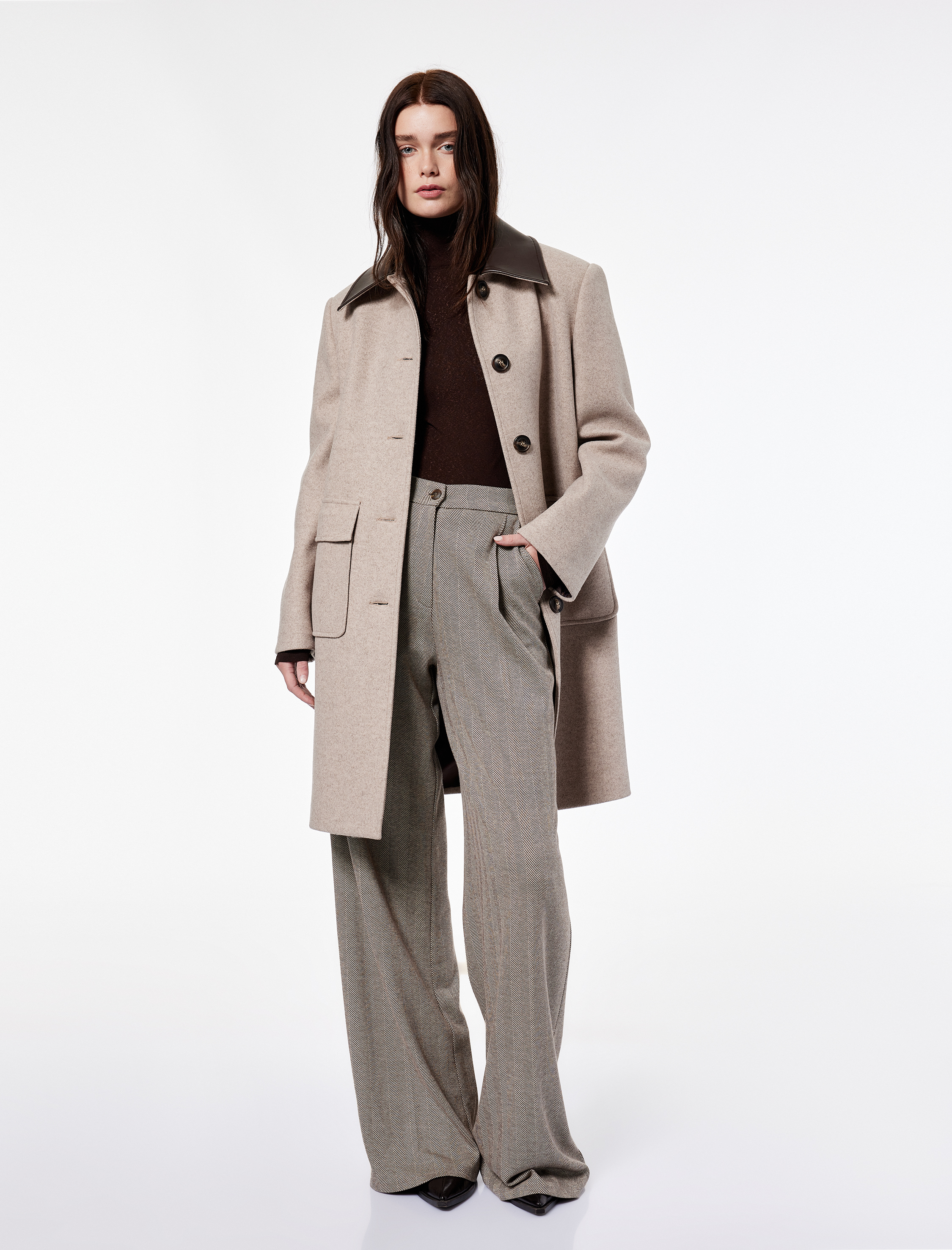   Koton X Şahika Ercümen - Suni Deri Yaka Kemerli Kaban Uzun Kollu Cepli Düğmeli