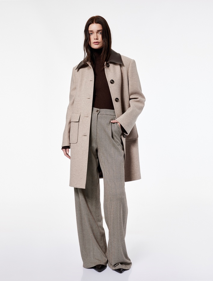  Koton X Şahika Ercümen - Suni Deri Yaka Kemerli Kaban Uzun Kollu Cepli Düğmeli