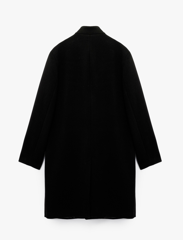  Regular Fit Cepli Düğmeli Uzun Dik Yaka Kaşe Kaban