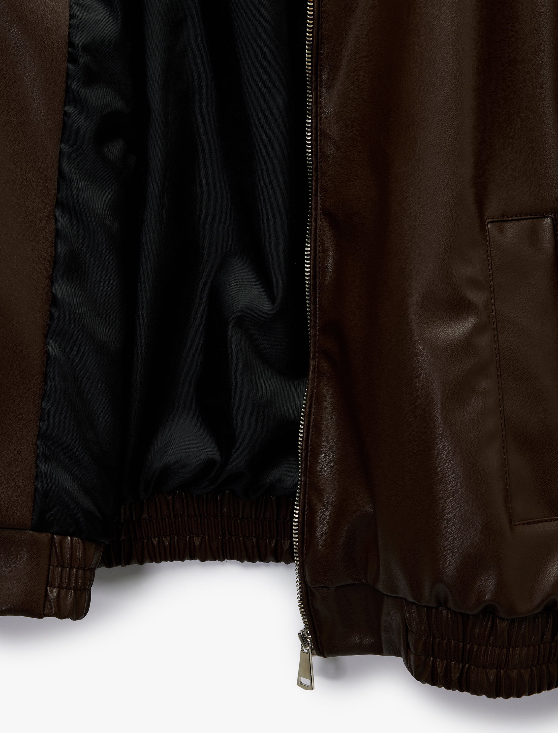   Klasik Yaka Cepli Fermuarlı Suni Deri Oversize Bomber Ceket