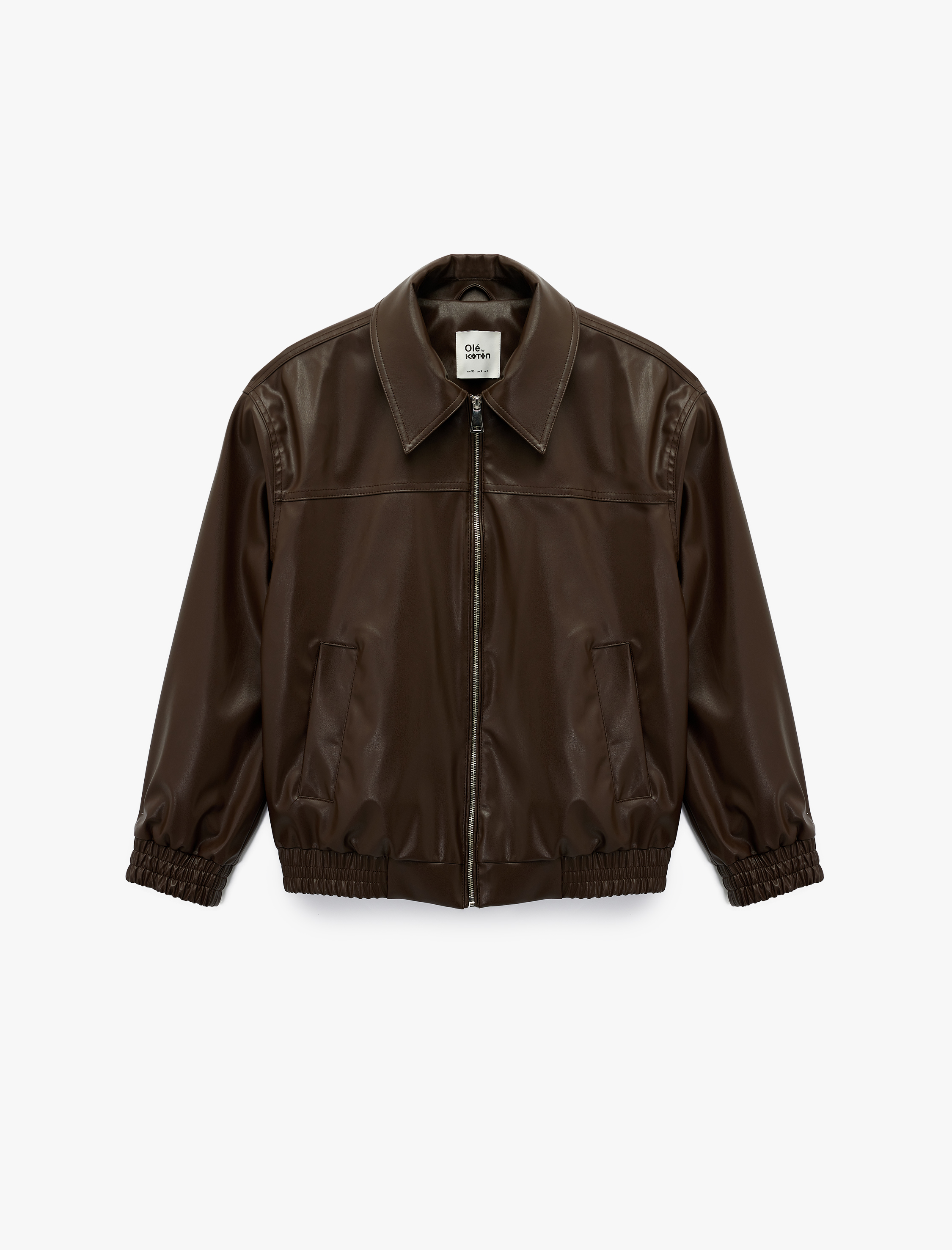   Klasik Yaka Cepli Fermuarlı Suni Deri Oversize Bomber Ceket