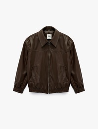 Klasik Yaka Cepli Fermuarlı Suni Deri Oversize Bomber Ceket