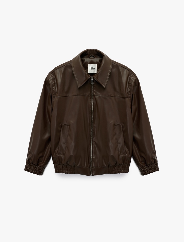  Klasik Yaka Cepli Fermuarlı Suni Deri Oversize Bomber Ceket
