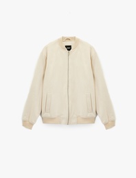 Regular Fit Kolej Yaka Cepli Suni Süet Bomber Ceket