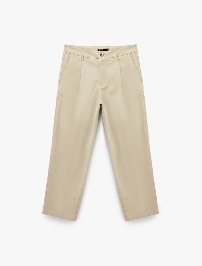  Rahat Kalıp Cepli Pamuklu Yüksek Bel Gabardin Pantolon