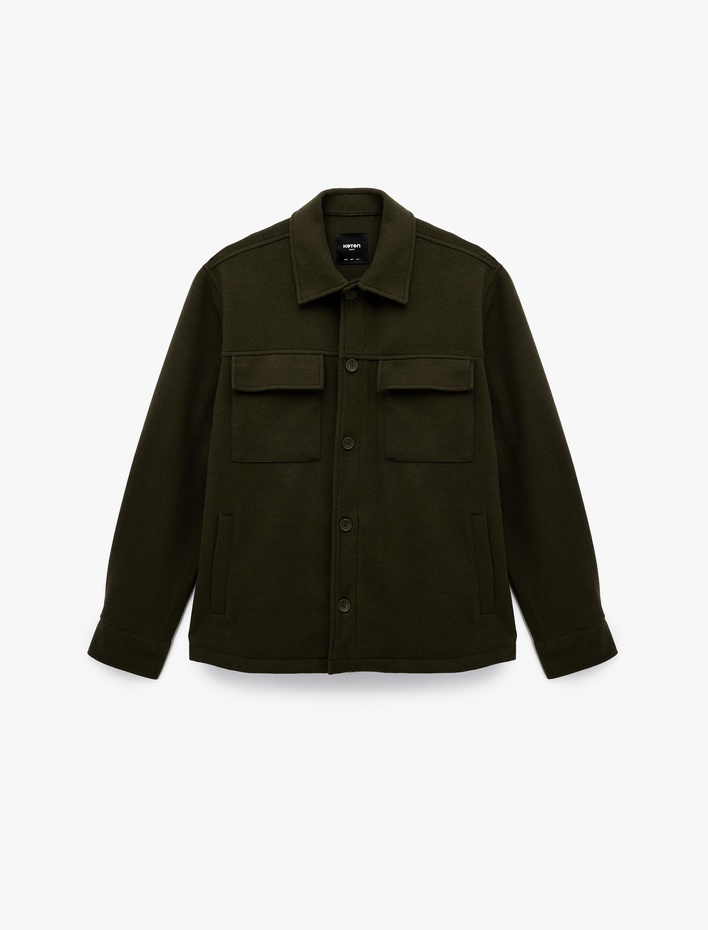  Regular Fit Kapaklı Cepli Viskon Karışımlı Gömlek Yaka Kaşe Ceket