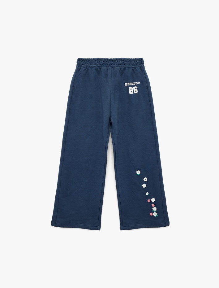 Kız Bebek Şardonlu Çiçek Baskılı Pamuklu Geniş Paça Eşofman Altı