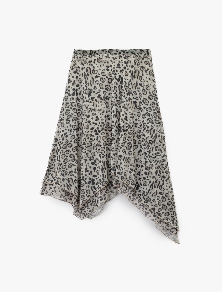  Asimetrik Kesim Slim Fit Midi Leopar Etek