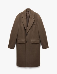 Regular Fit Cepli Mono Yaka Düğmeli Uzun Kaşe Kaban