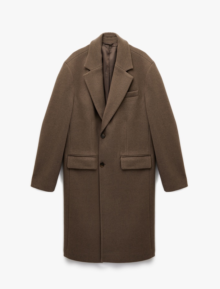  Regular Fit Cepli Mono Yaka Düğmeli Uzun Kaşe Kaban