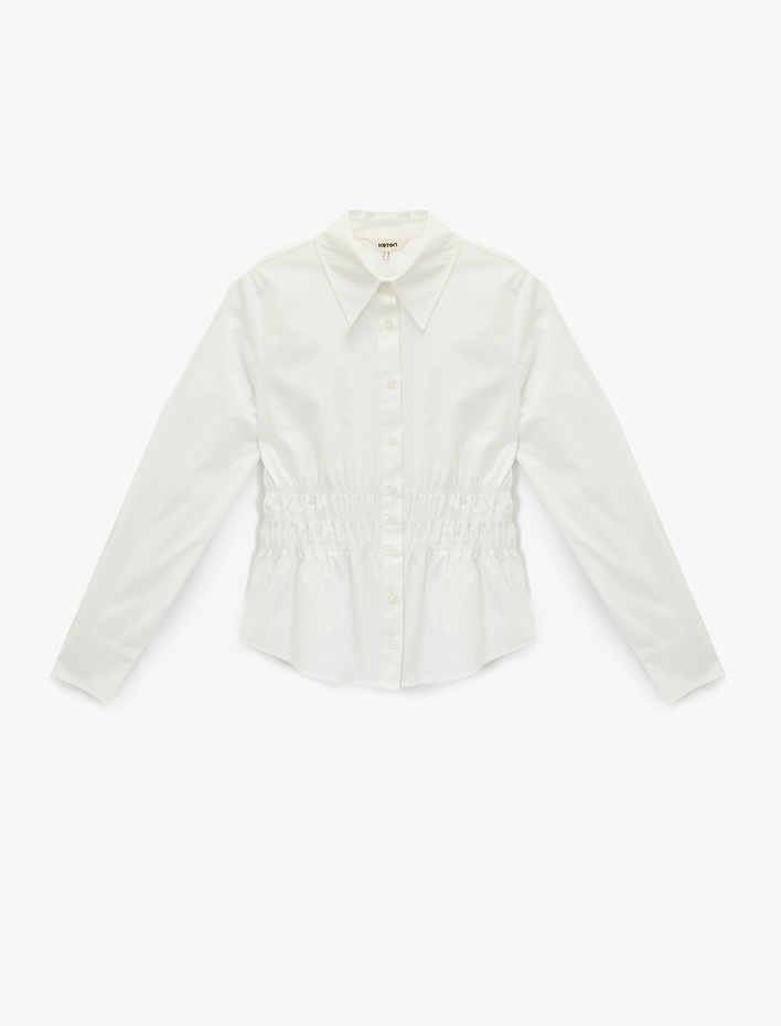  Pamuklu Slim Fit Uzun Kollu Klasik Yaka Beli Büzgülü Poplin Gömlek