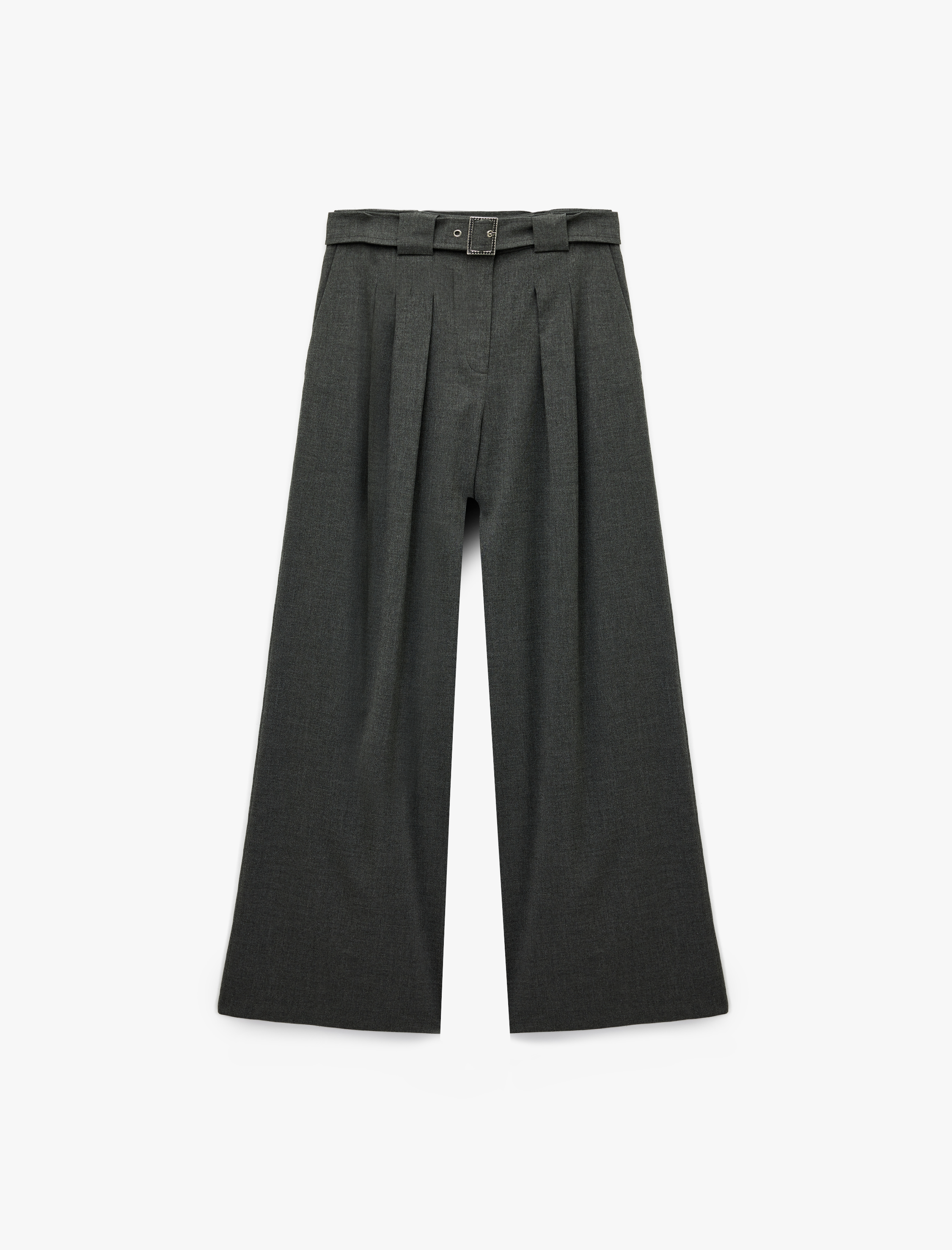   Metal Aksesuarlı Kemer Detaylı Viskon Karışımlı Geniş Paça Pantolon