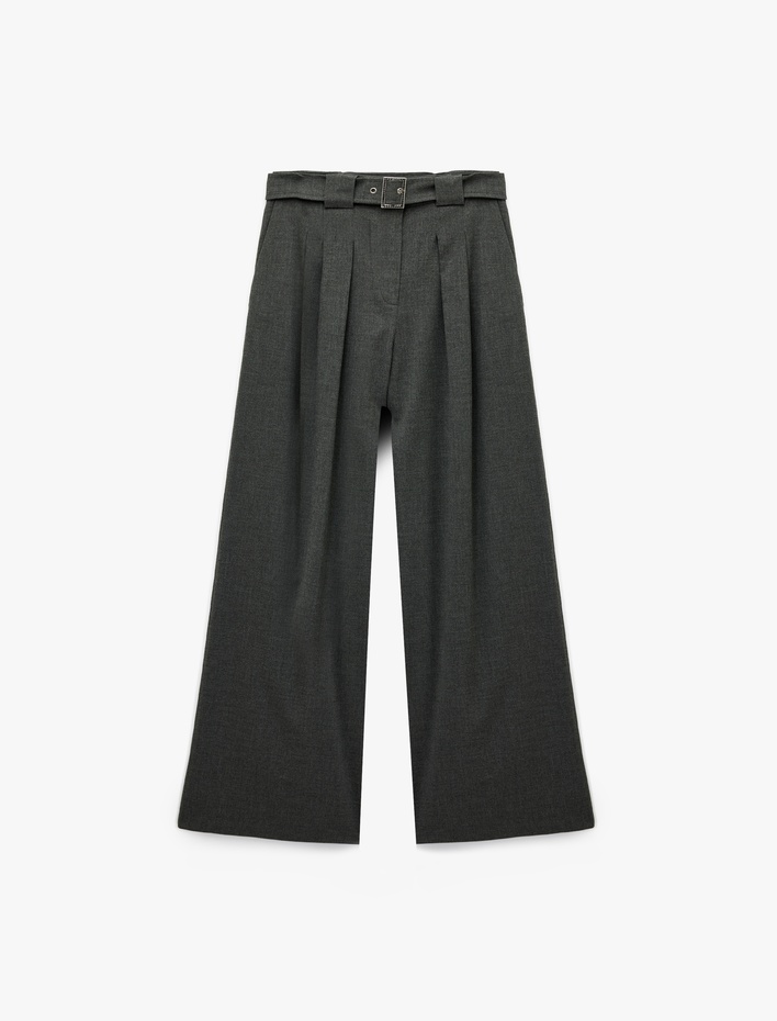  Metal Aksesuarlı Kemer Detaylı Viskon Karışımlı Geniş Paça Pantolon