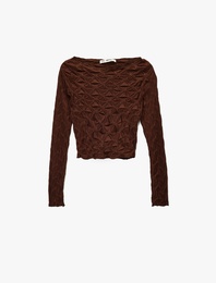 Uzun Kollu Dokulu Kayık Yaka Slim Fit Crop Tişört