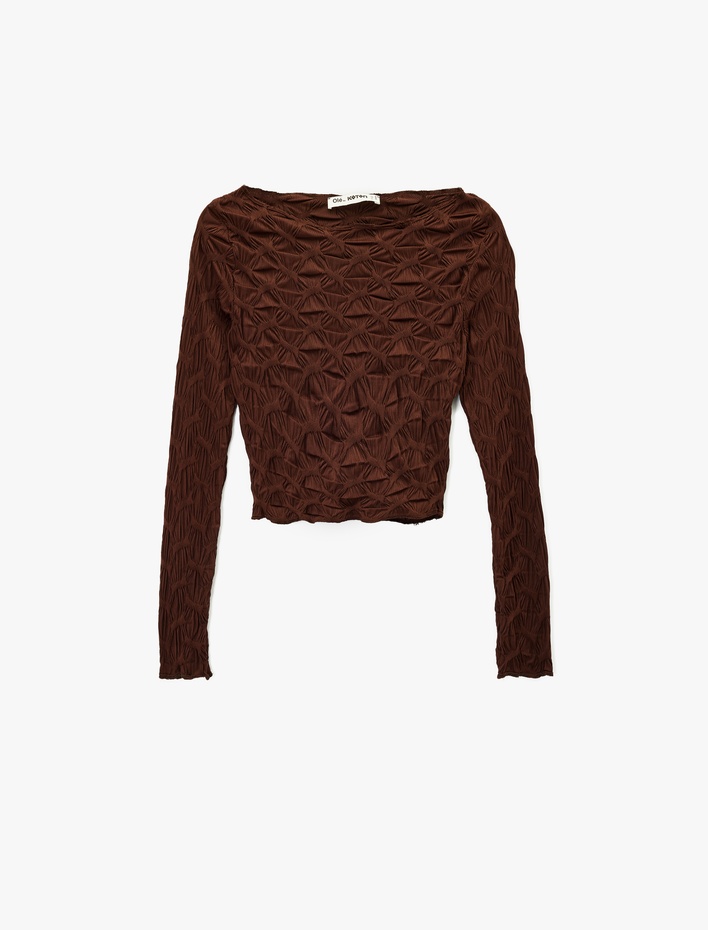  Uzun Kollu Dokulu Kayık Yaka Slim Fit Crop Tişört