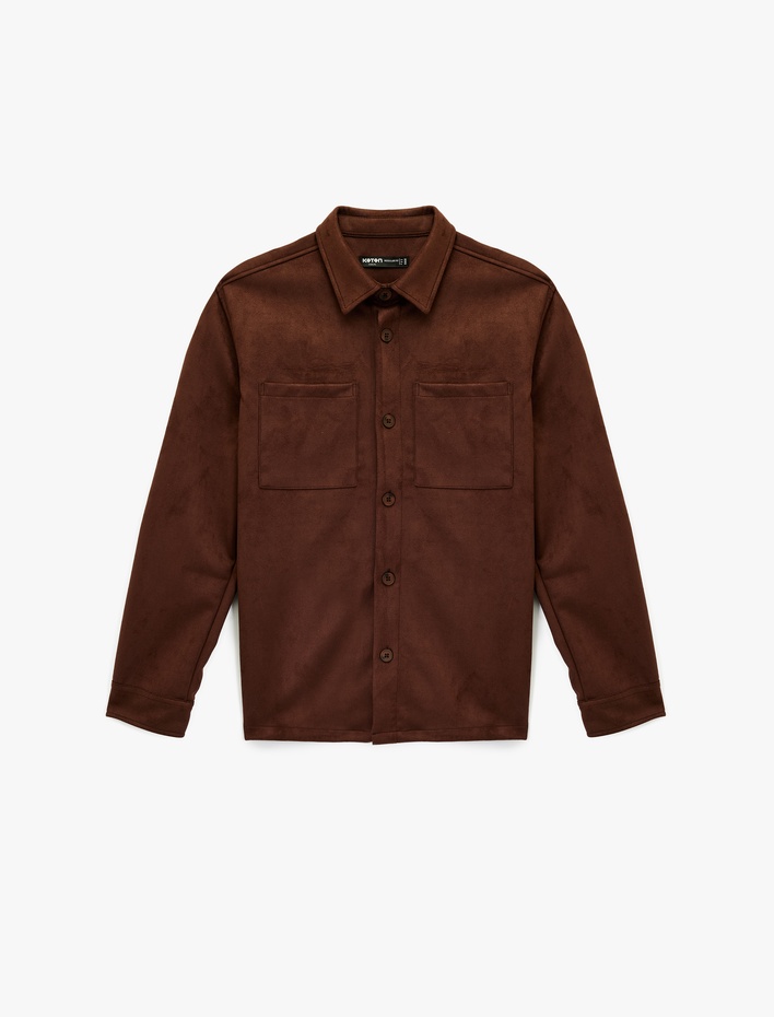  Regular Fit Uzun Kollu Cep Detaylı Klasik Yaka Suni Süet Gömlek