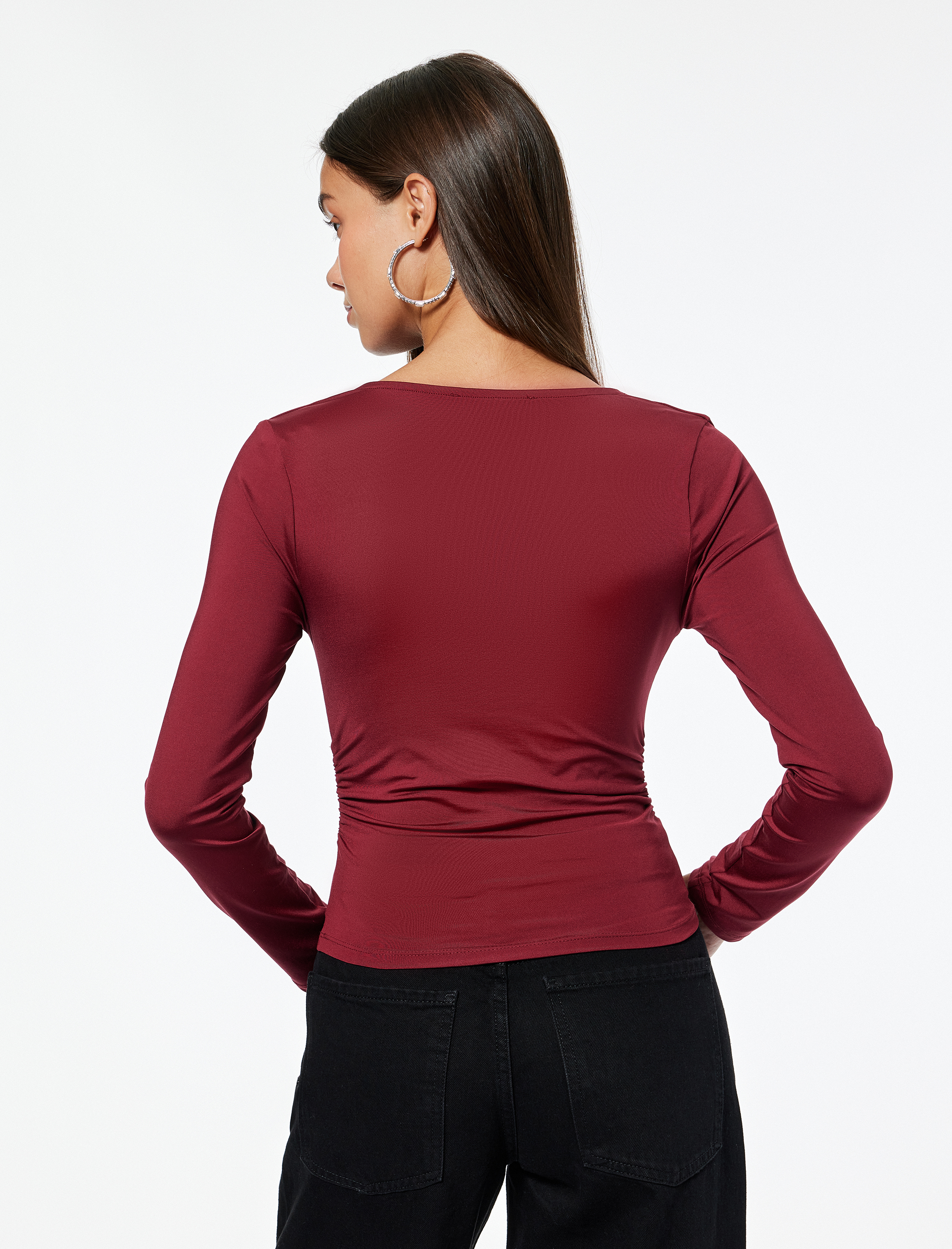   Slim Fit Uzun Kollu Degaje Yaka Drapeli Tişört