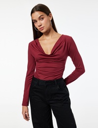 Slim Fit Uzun Kollu Degaje Yaka Drapeli Tişört