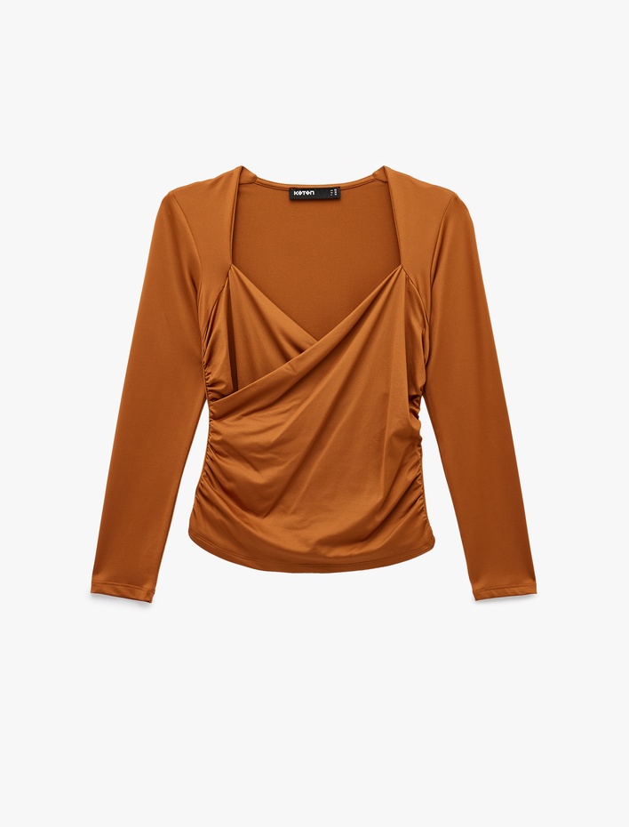  Uzun Kollu Slim Fit Kruvaze V Yaka Saten Bluz