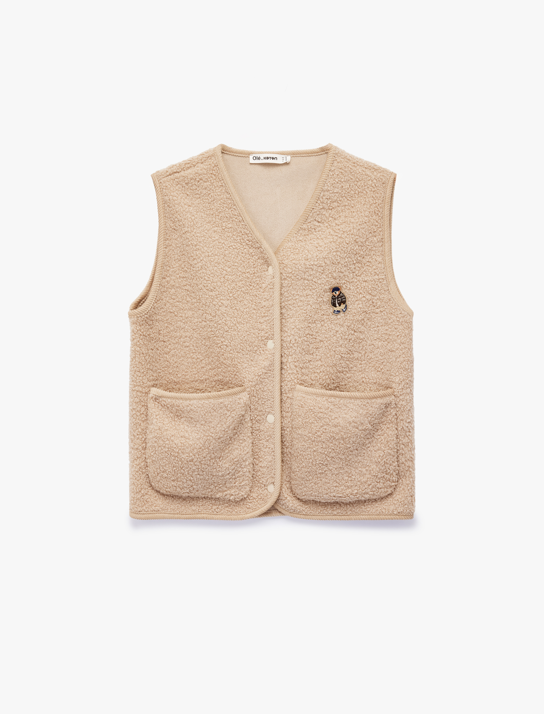   Rahat Kalıp Cep Detaylı V Yaka Kolsuz Düğmeli İşlemeli Peluş Yelek