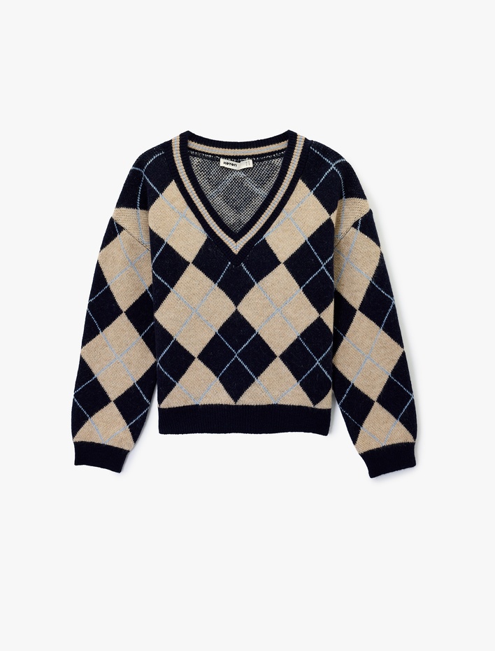  Uzun Kollu V Yaka Baklava Desenli Triko Kazak