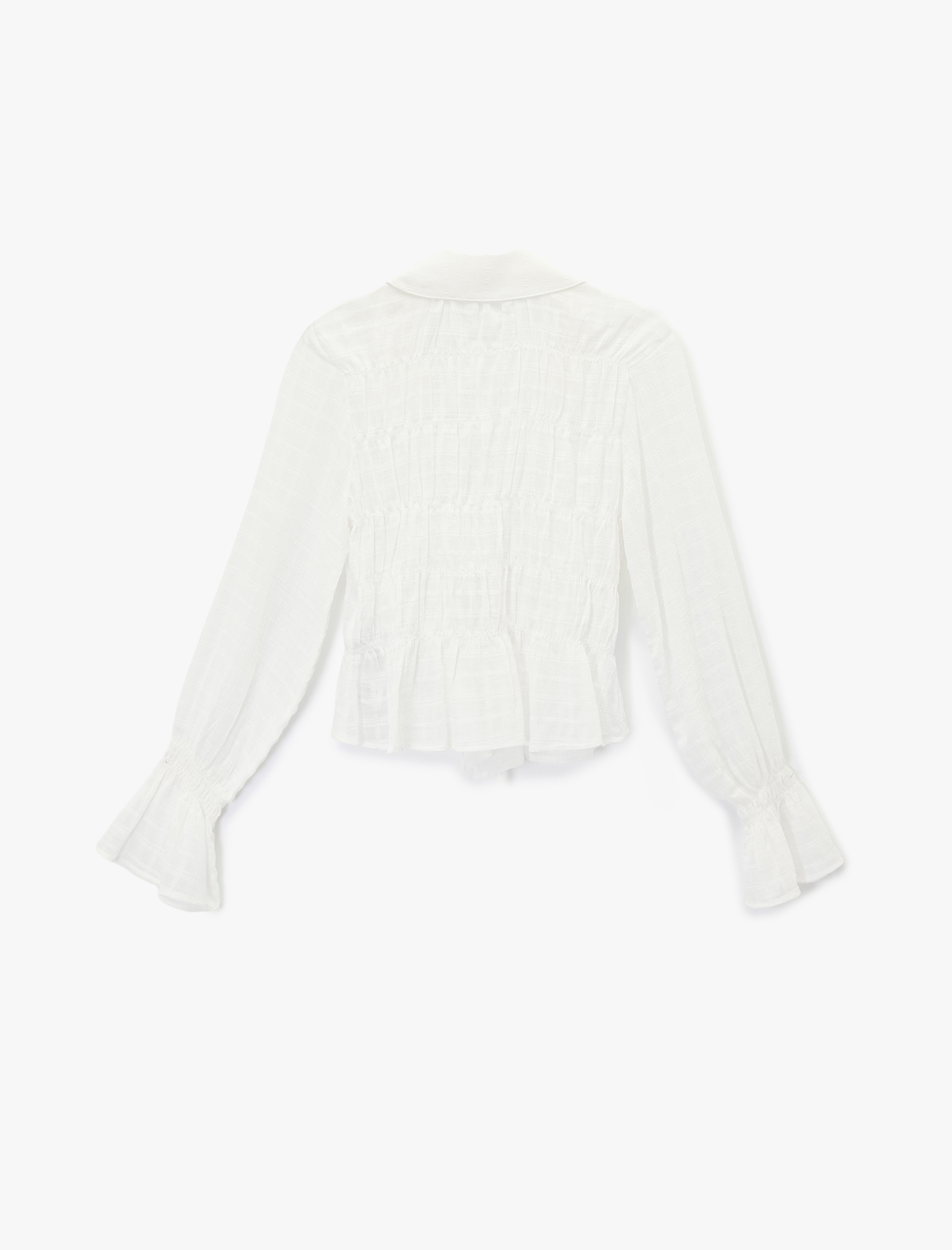   Fiyonklu Bağlama Detaylı Uzun Balon Kollu Gömlek Yaka Ekoseli Bluz