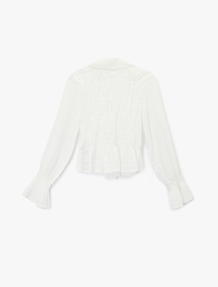  Fiyonklu Bağlama Detaylı Uzun Balon Kollu Gömlek Yaka Ekoseli Bluz